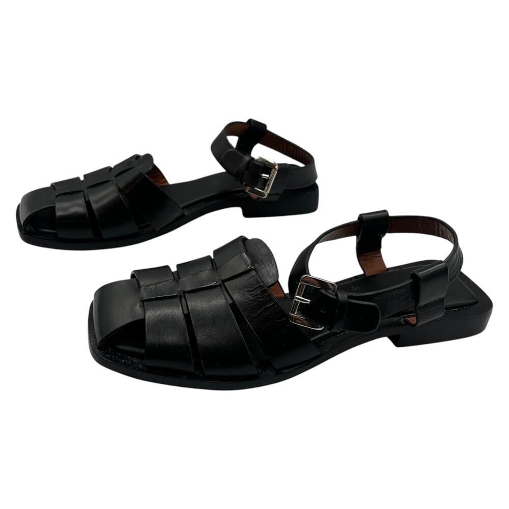 Zara Square Toe Leather Cage Fisherman Flat Sandals Black EU 38 US 7.5